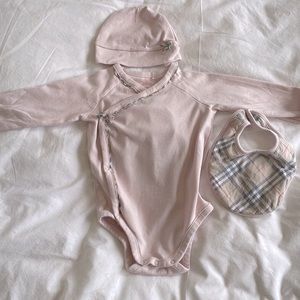 Burberry Baby Set with onesie, hat, and bib